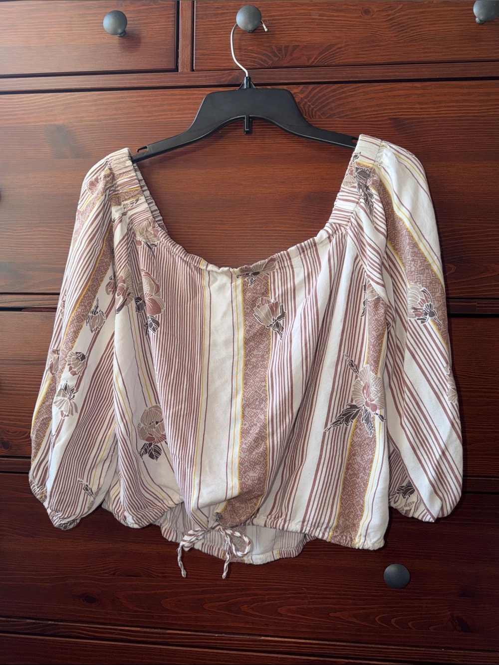 O’Neill Boho Striped Floral Peasant Blouse Tie Neck 100% Viscose Medium